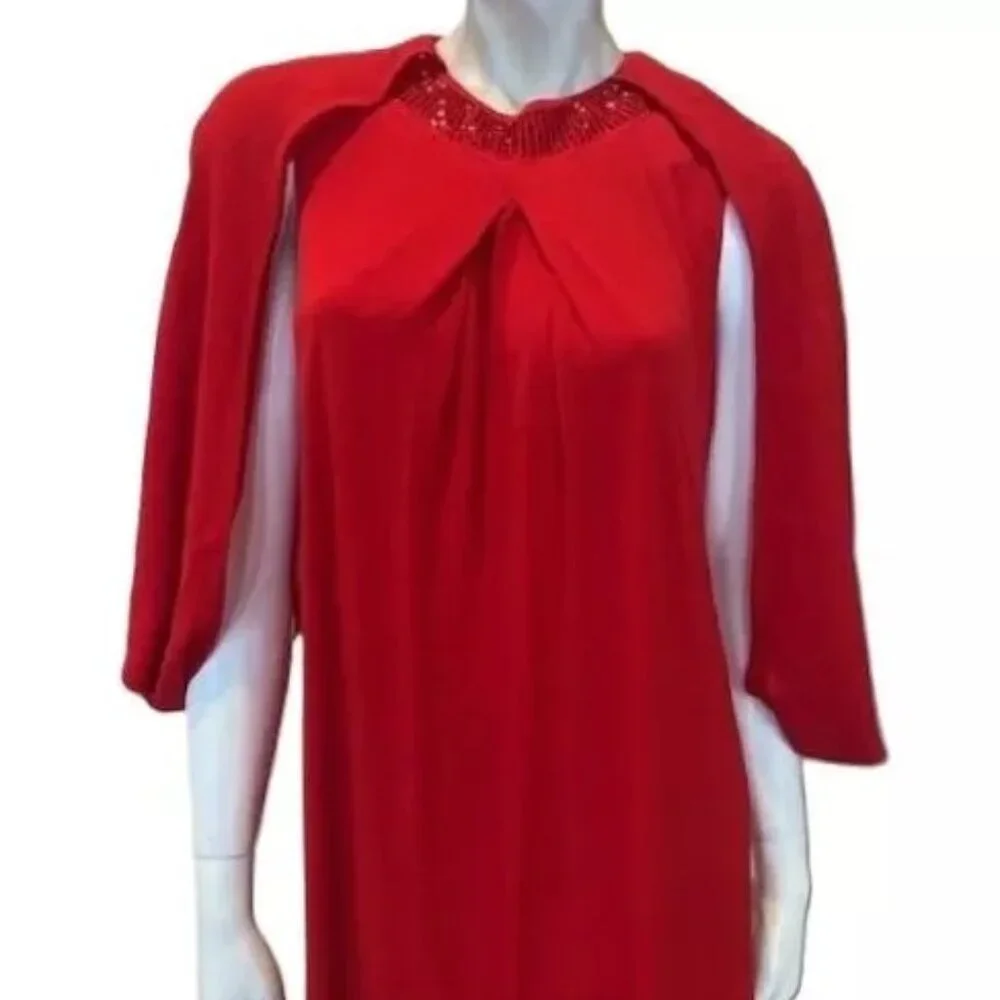 Badgley Mischka Red Dress Jewel Neck w/Matching Chiffon Cape Dress SMALL  &  2X - Picture 3 of 8